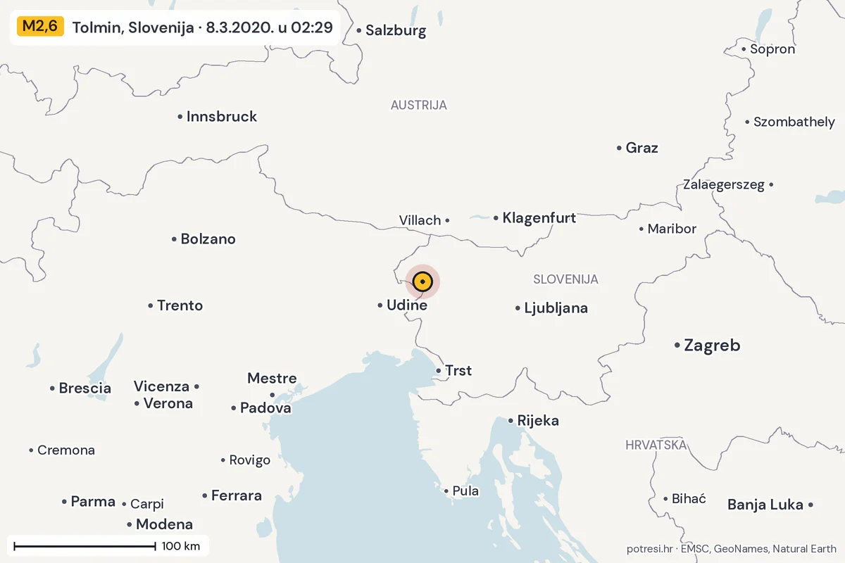 Karta: šire područje, 600 km, potres M2,6, Tolmin, Slovenija, 8.3.2020.