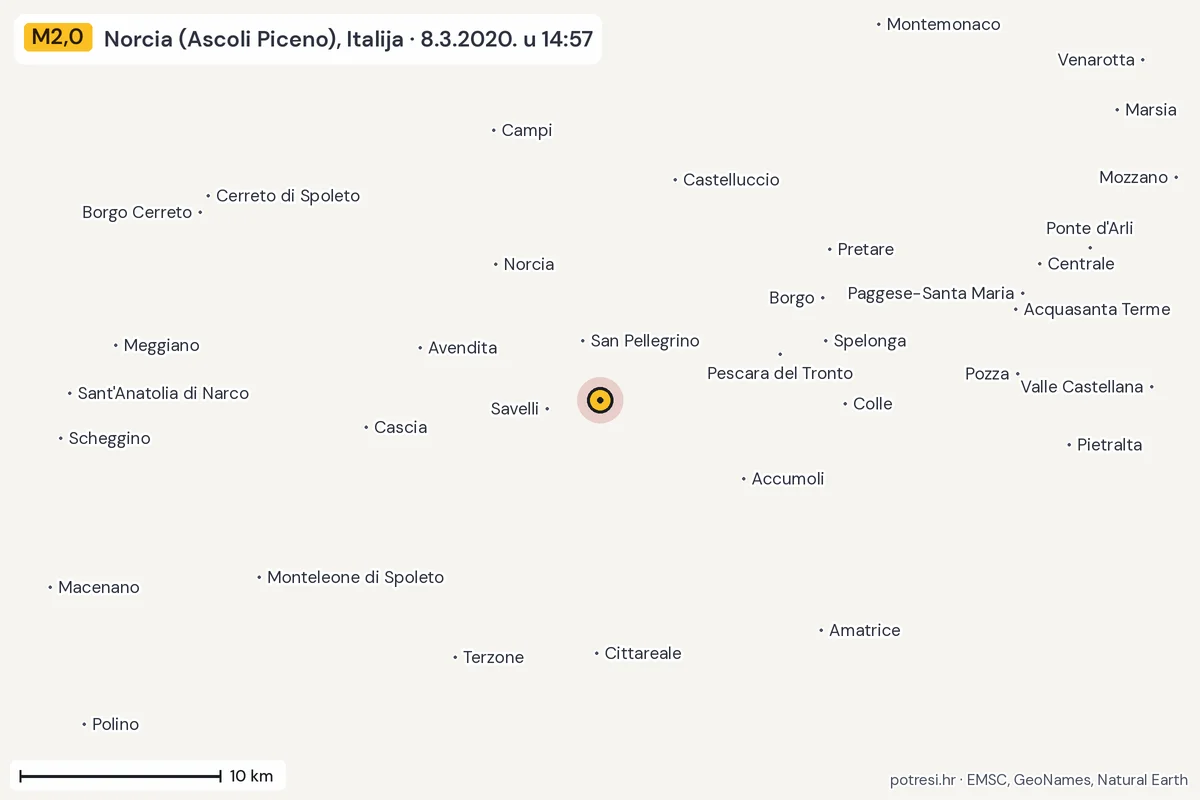 Karta: okolica epicentra, 60 km, potres M2,0, Norcia (Ascoli Piceno), Italija, 8.3.2020.