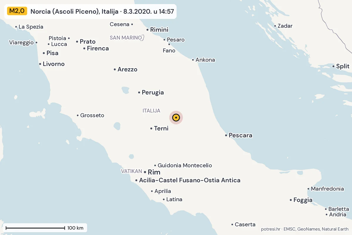 Karta: šire područje, 600 km, potres M2,0, Norcia (Ascoli Piceno), Italija, 8.3.2020.