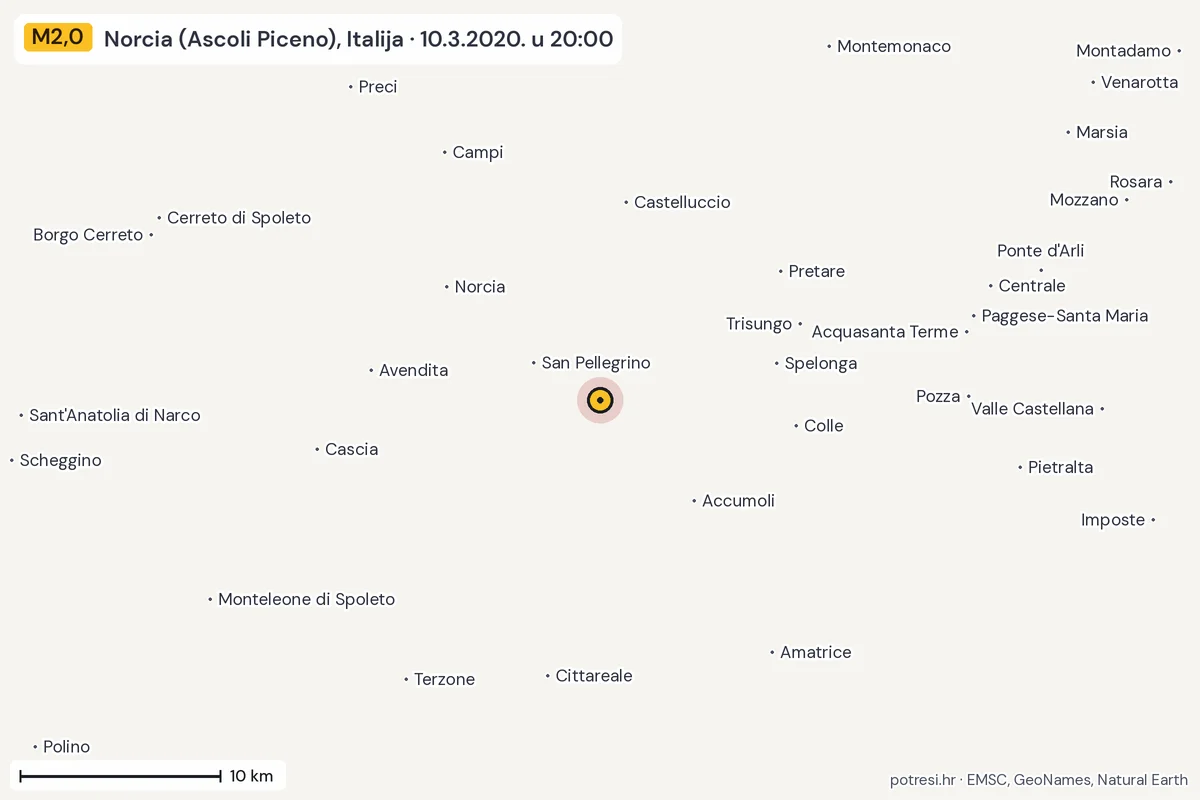 Karta: okolica epicentra, 60 km, potres M2,0, Norcia (Ascoli Piceno), Italija, 10.3.2020.