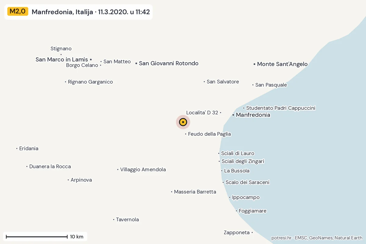 Karta: okolica epicentra, 60 km, potres M2,0, Manfredonia, Italija, 11.3.2020.