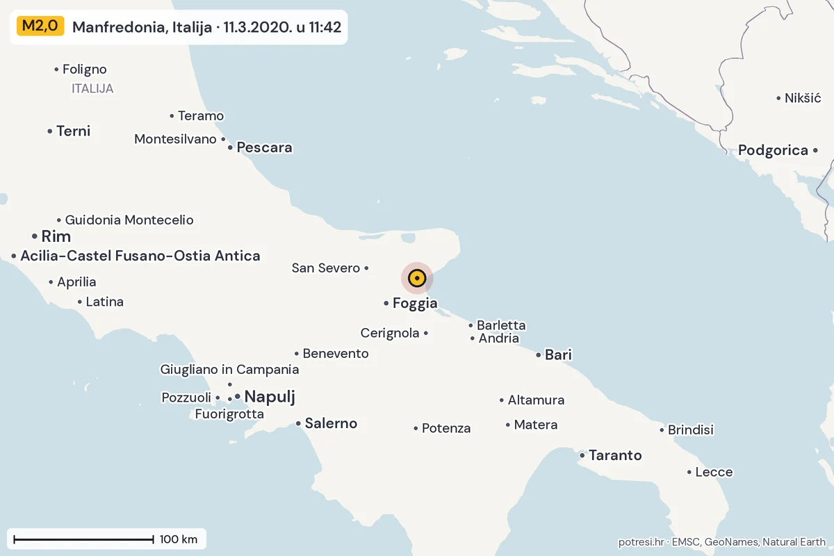 Karta: šire područje, 600 km, potres M2,0, Manfredonia, Italija, 11.3.2020.