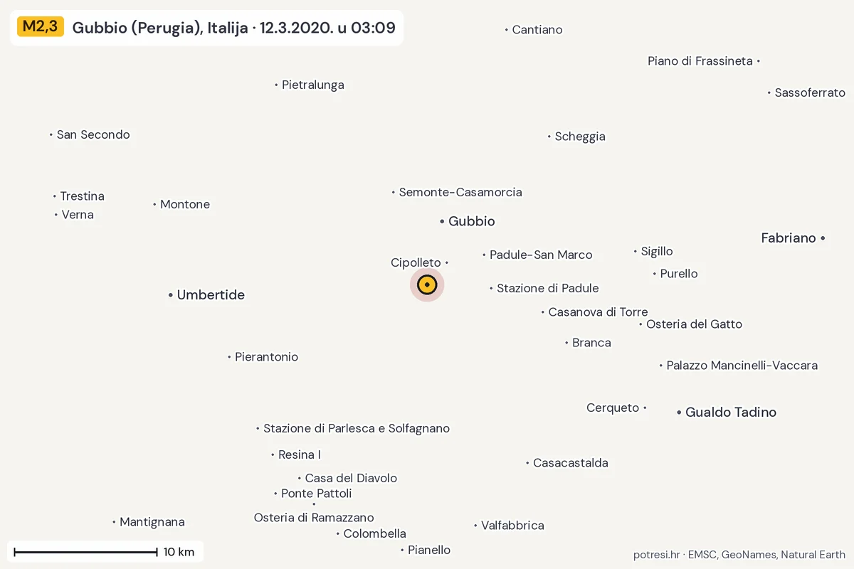 Karta: okolica epicentra, 60 km, potres M2,3, Gubbio (Perugia), Italija, 12.3.2020.