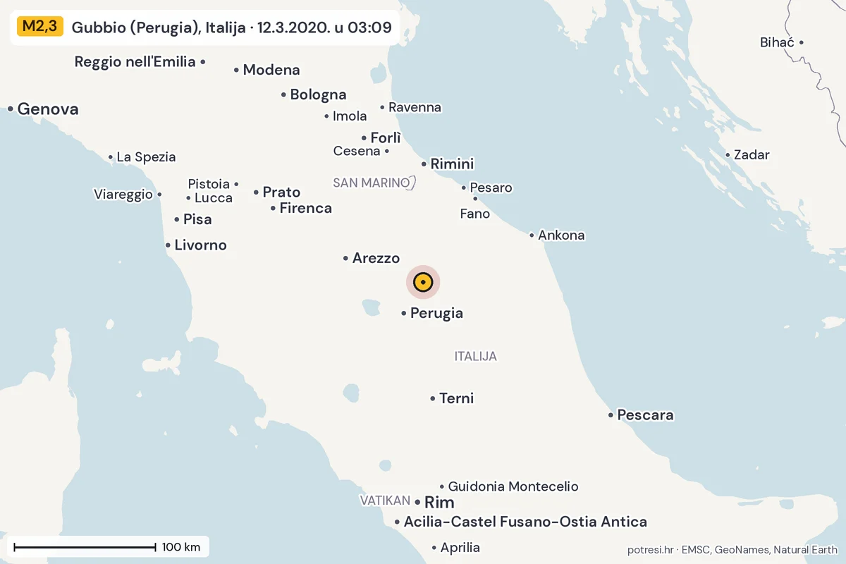 Karta: šire područje, 600 km, potres M2,3, Gubbio (Perugia), Italija, 12.3.2020.