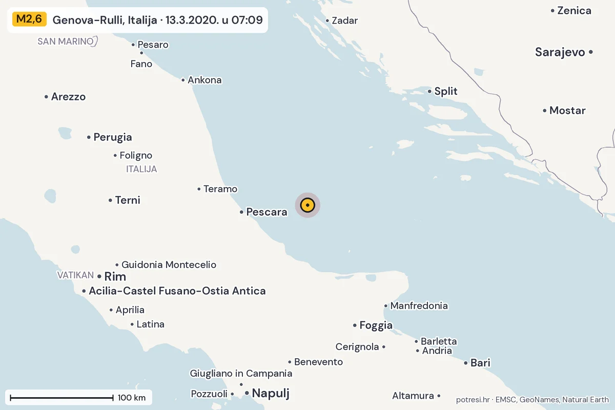Karta: šire područje, 600 km, potres M2,6, Genova-Rulli, Italija, 13.3.2020.