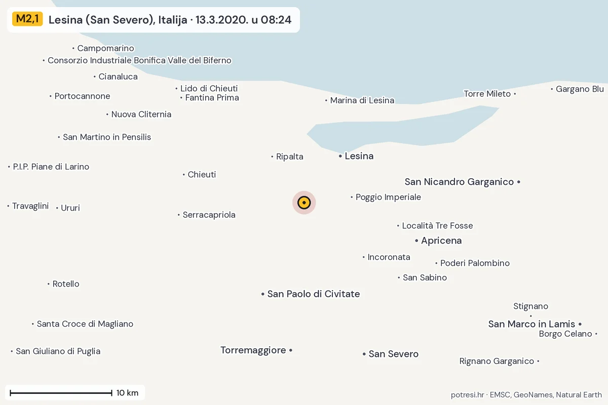 Karta: okolica epicentra, 60 km, potres M2,1, Lesina (San Severo), Italija, 13.3.2020.