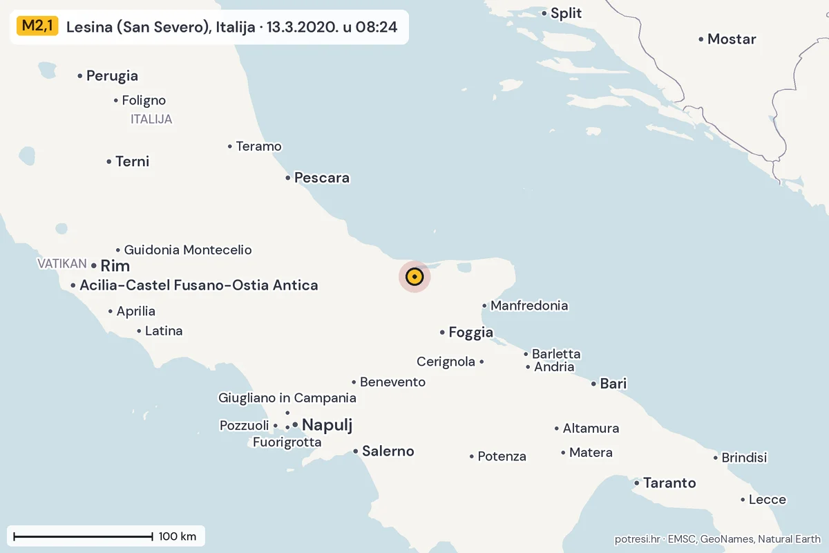 Karta: šire područje, 600 km, potres M2,1, Lesina (San Severo), Italija, 13.3.2020.