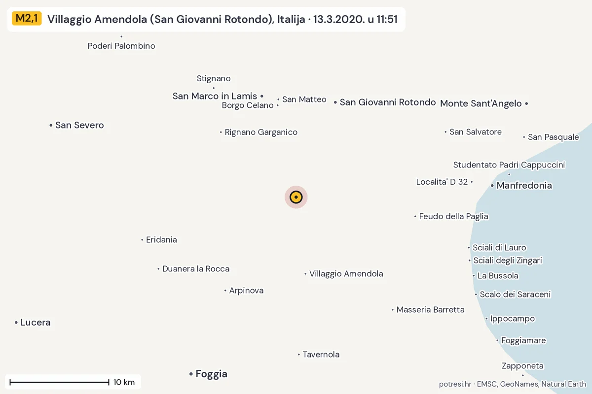 Karta: okolica epicentra, 60 km, potres M2,1, Villaggio Amendola (San Giovanni Rotondo), Italija, 13.3.2020.