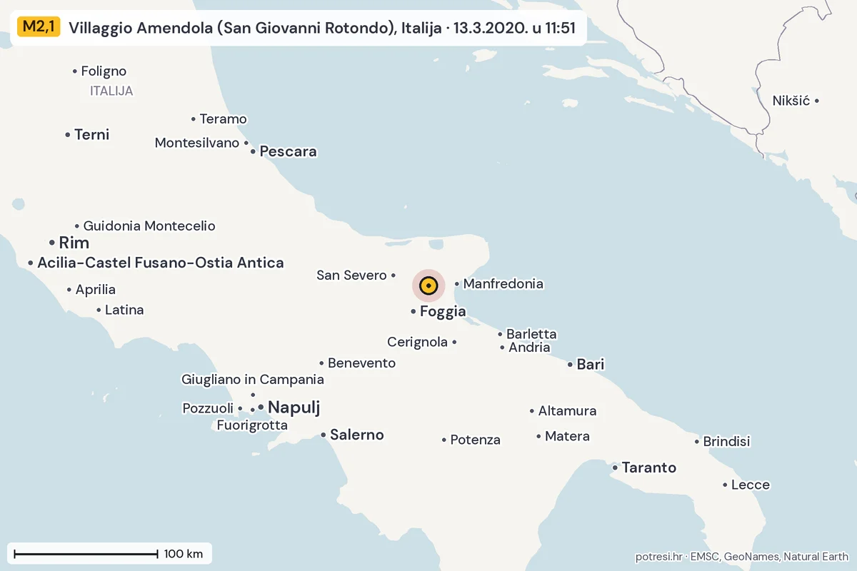 Karta: šire područje, 600 km, potres M2,1, Villaggio Amendola (San Giovanni Rotondo), Italija, 13.3.2020.