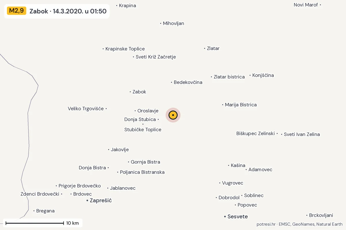 Karta: okolica epicentra, 60 km, potres M2,9, Zabok, 14.3.2020.