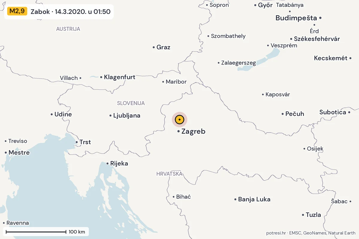 Karta: šire područje, 600 km, potres M2,9, Zabok, 14.3.2020.