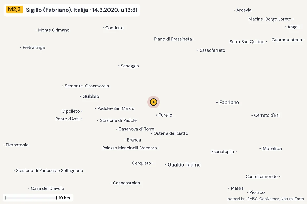 Karta: okolica epicentra, 60 km, potres M2,3, Sigillo (Fabriano), Italija, 14.3.2020.