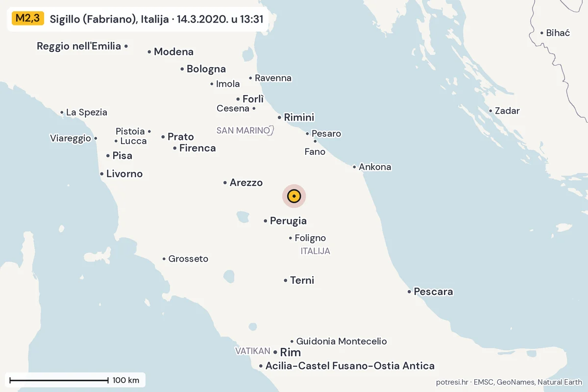 Karta: šire područje, 600 km, potres M2,3, Sigillo (Fabriano), Italija, 14.3.2020.