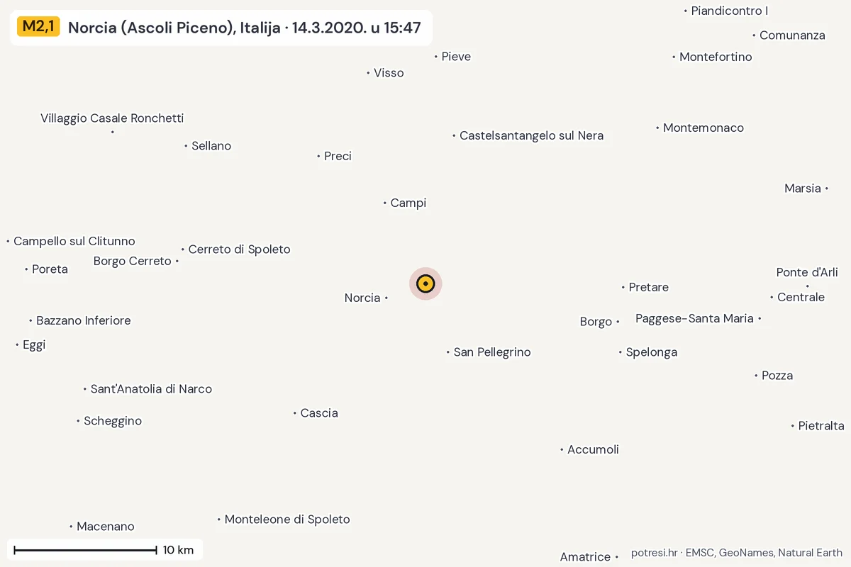 Karta: okolica epicentra, 60 km, potres M2,1, Norcia (Ascoli Piceno), Italija, 14.3.2020.