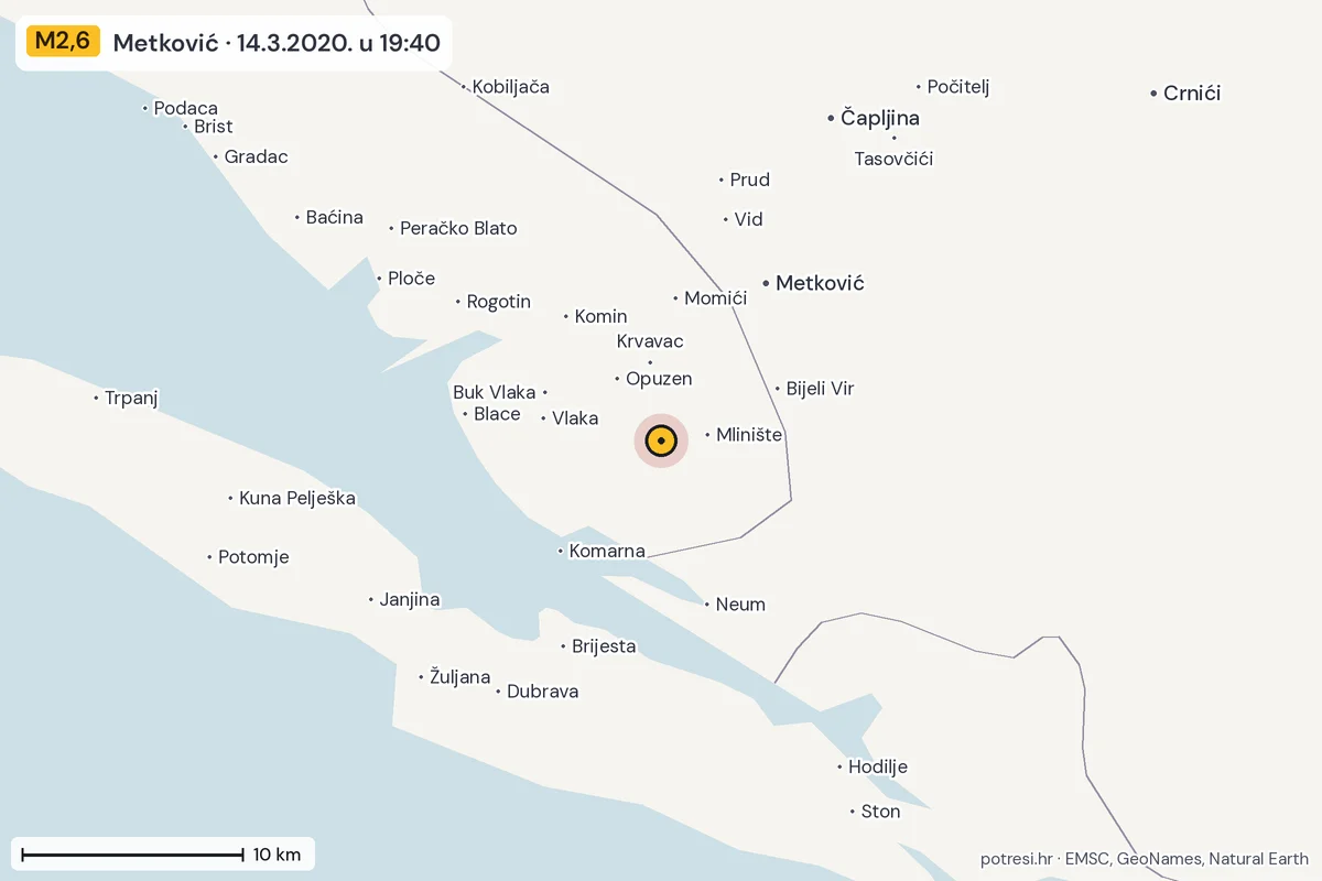 Karta: okolica epicentra, 60 km, potres M2,6, Metković, 14.3.2020.