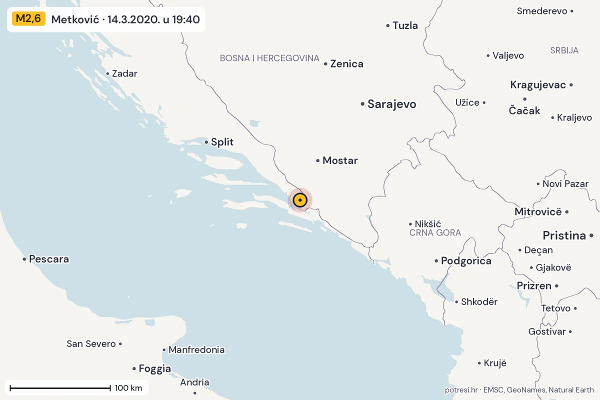 Karta: šire područje, 600 km, potres M2,6, Metković, 14.3.2020.