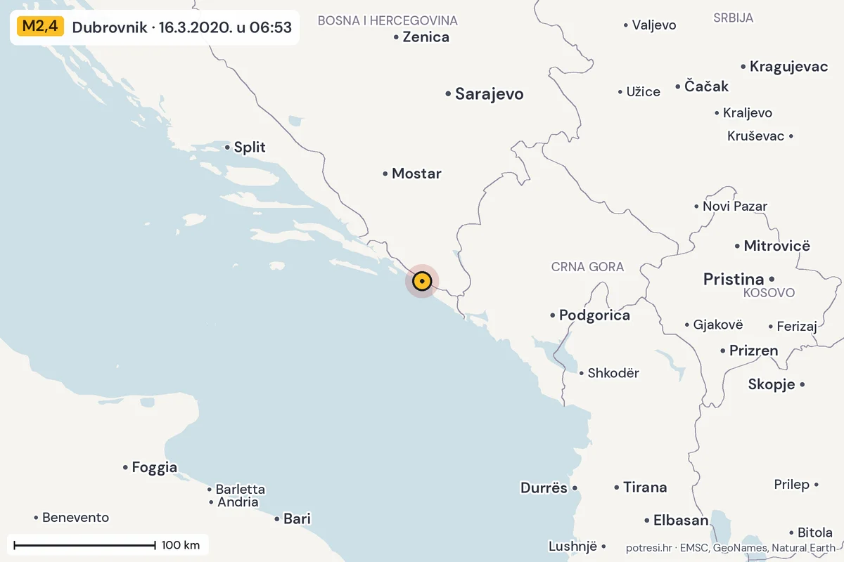 Karta: šire područje, 600 km, potres M2,4, Dubrovnik, 16.3.2020.