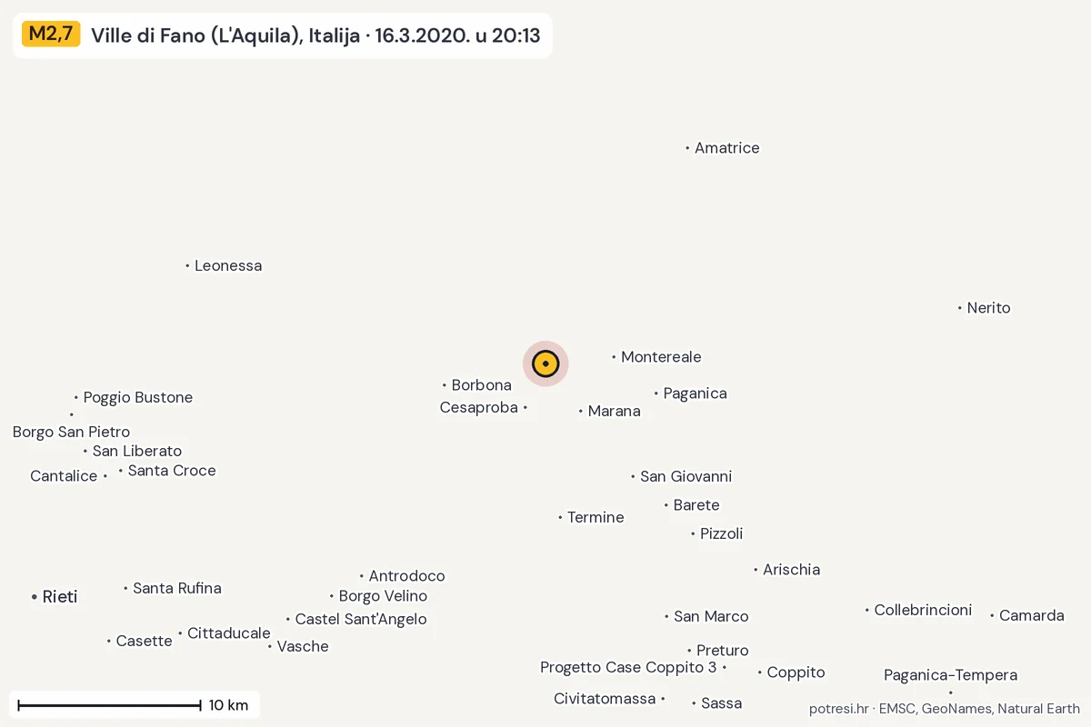 Karta: okolica epicentra, 60 km, potres M2,7, Ville di Fano (L'Aquila), Italija, 16.3.2020.