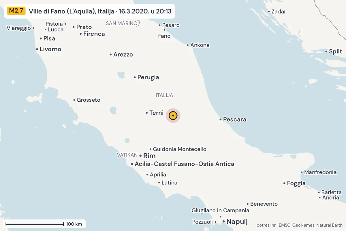 Karta: šire područje, 600 km, potres M2,7, Ville di Fano (L'Aquila), Italija, 16.3.2020.