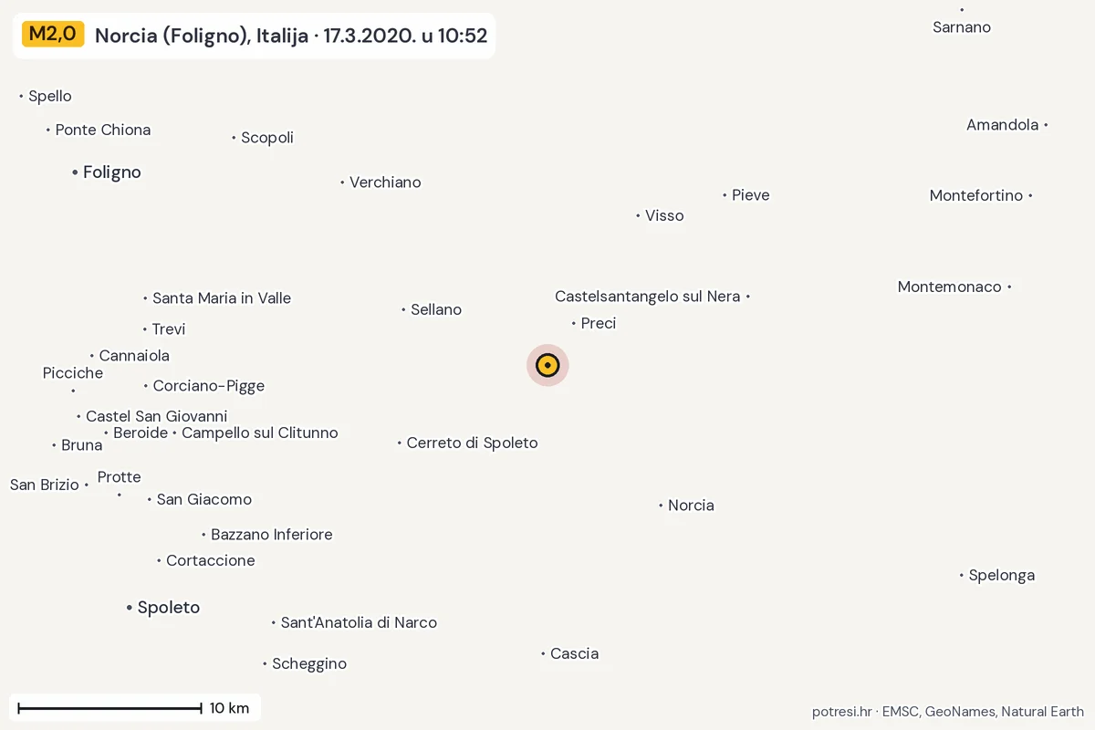 Karta: okolica epicentra, 60 km, potres M2,0, Norcia (Foligno), Italija, 17.3.2020.