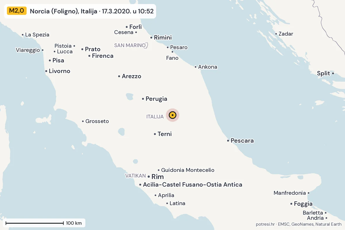 Karta: šire područje, 600 km, potres M2,0, Norcia (Foligno), Italija, 17.3.2020.