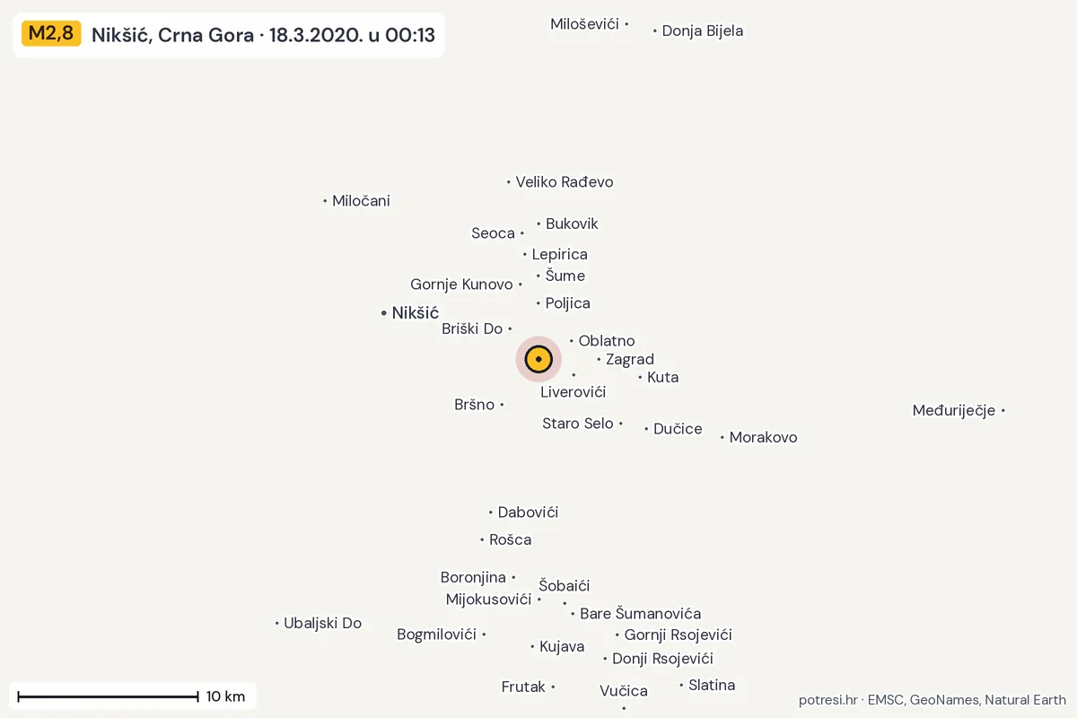 Karta: okolica epicentra, 60 km, potres M2,8, Nikšić, Crna Gora, 18.3.2020.