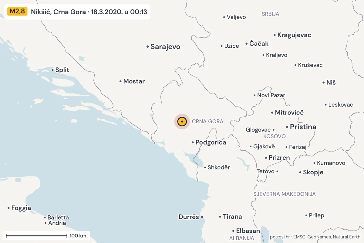 Karta: šire područje, 600 km, potres M2,8, Nikšić, Crna Gora, 18.3.2020.