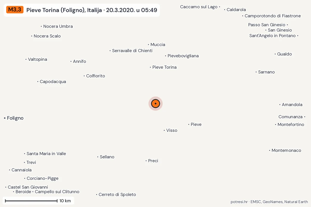 Karta: okolica epicentra, 60 km, potres M3,3, Pieve Torina (Foligno), Italija, 20.3.2020.
