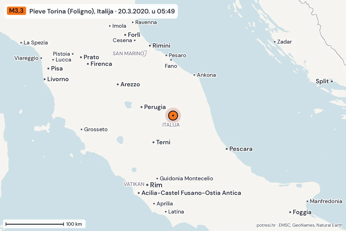 Karta: šire područje, 600 km, potres M3,3, Pieve Torina (Foligno), Italija, 20.3.2020.