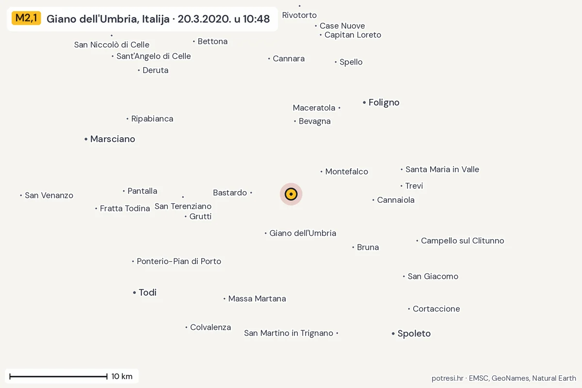Karta: okolica epicentra, 60 km, potres M2,1, Giano dell'Umbria, Italija, 20.3.2020.
