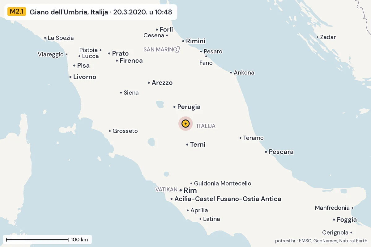 Karta: šire područje, 600 km, potres M2,1, Giano dell'Umbria, Italija, 20.3.2020.