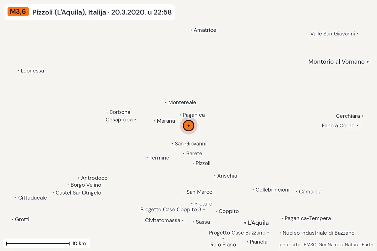 Karta: okolica epicentra, 60 km, potres M3,6, Pizzoli (L'Aquila), Italija, 20.3.2020.
