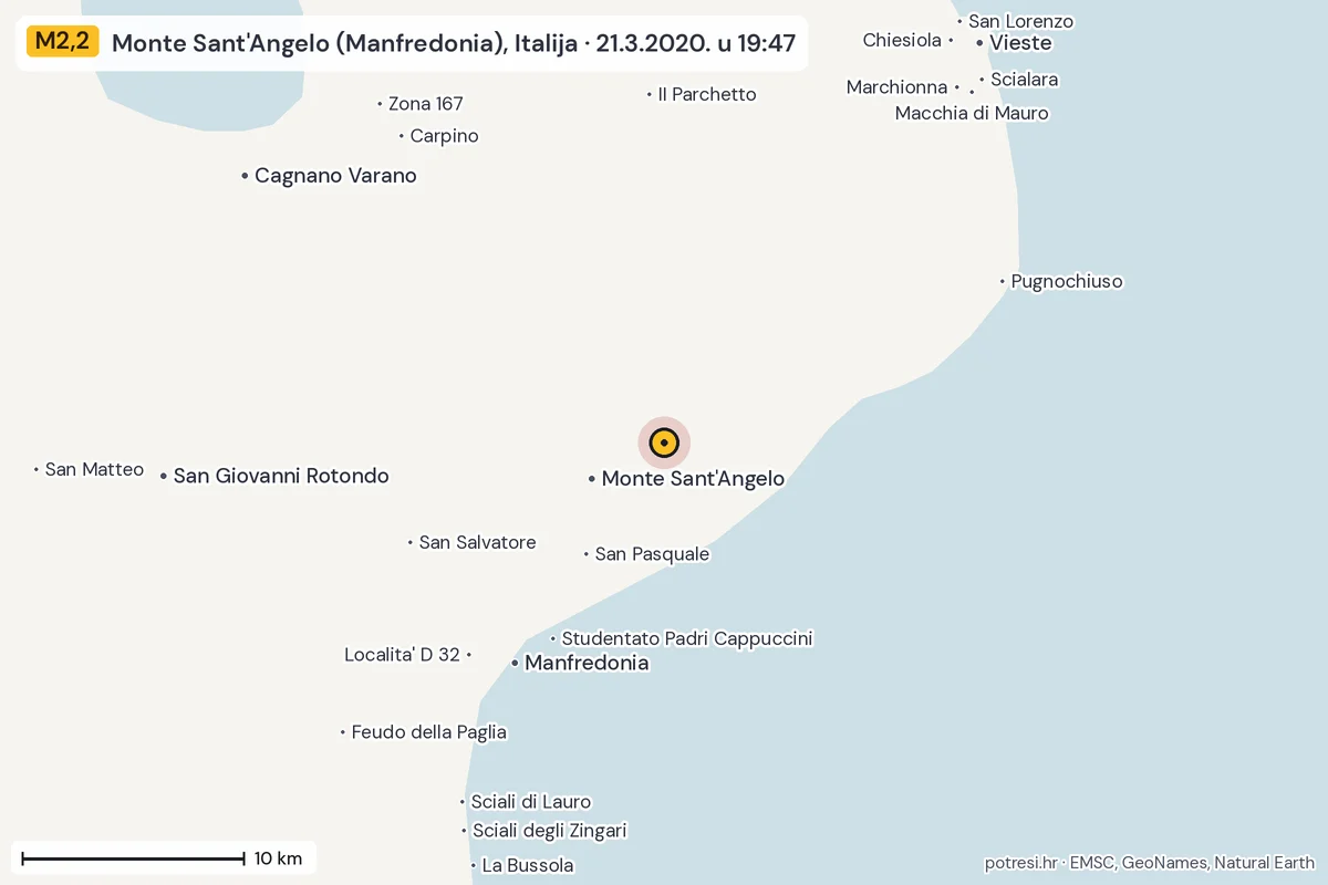 Karta: okolica epicentra, 60 km, potres M2,2, Monte Sant'Angelo (Manfredonia), Italija, 21.3.2020.