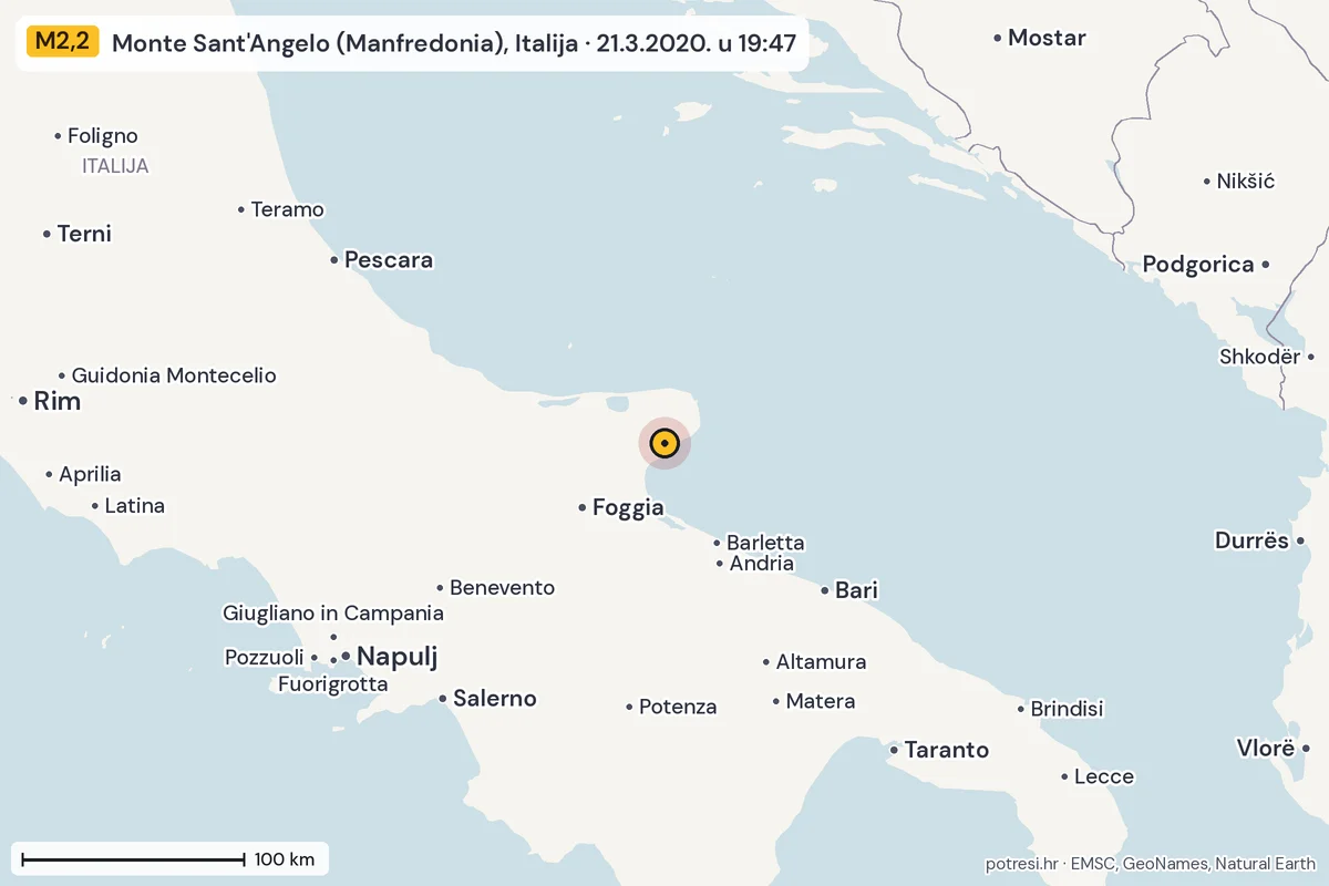 Karta: šire područje, 600 km, potres M2,2, Monte Sant'Angelo (Manfredonia), Italija, 21.3.2020.