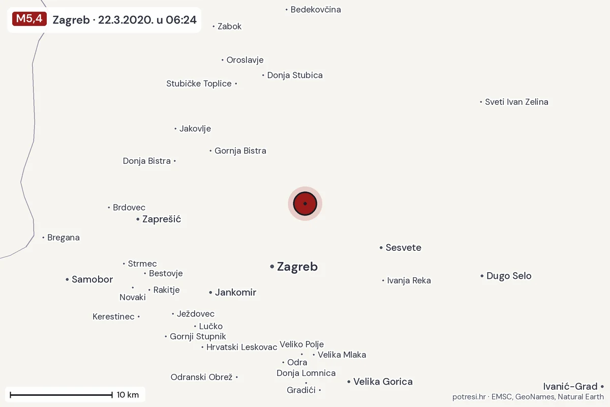 Karta: okolica epicentra, 60 km, potres M5,4, Zagreb, 22.3.2020.