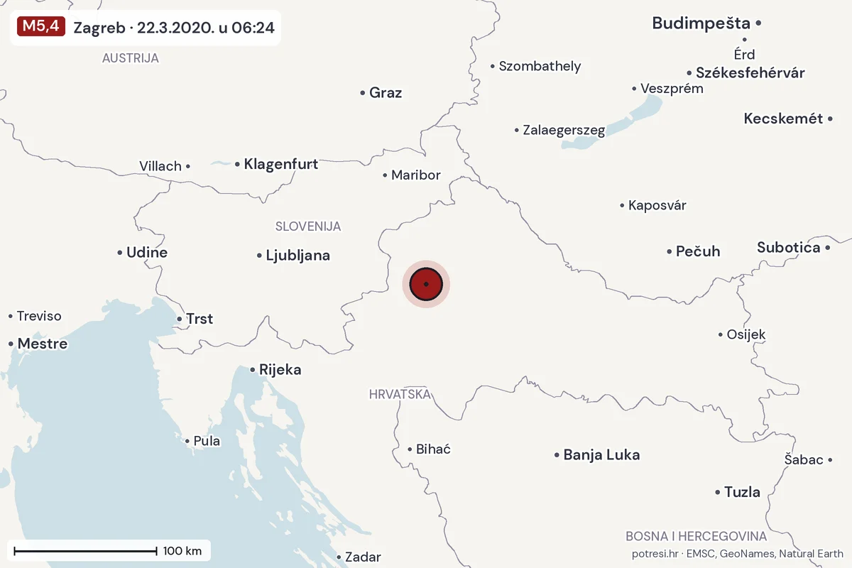 Karta: šire područje, 600 km, potres M5,4, Zagreb, 22.3.2020.