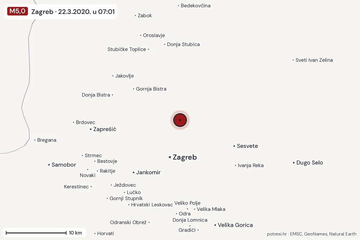 Karta: okolica epicentra, 60 km, potres M5,0, Zagreb, 22.3.2020.