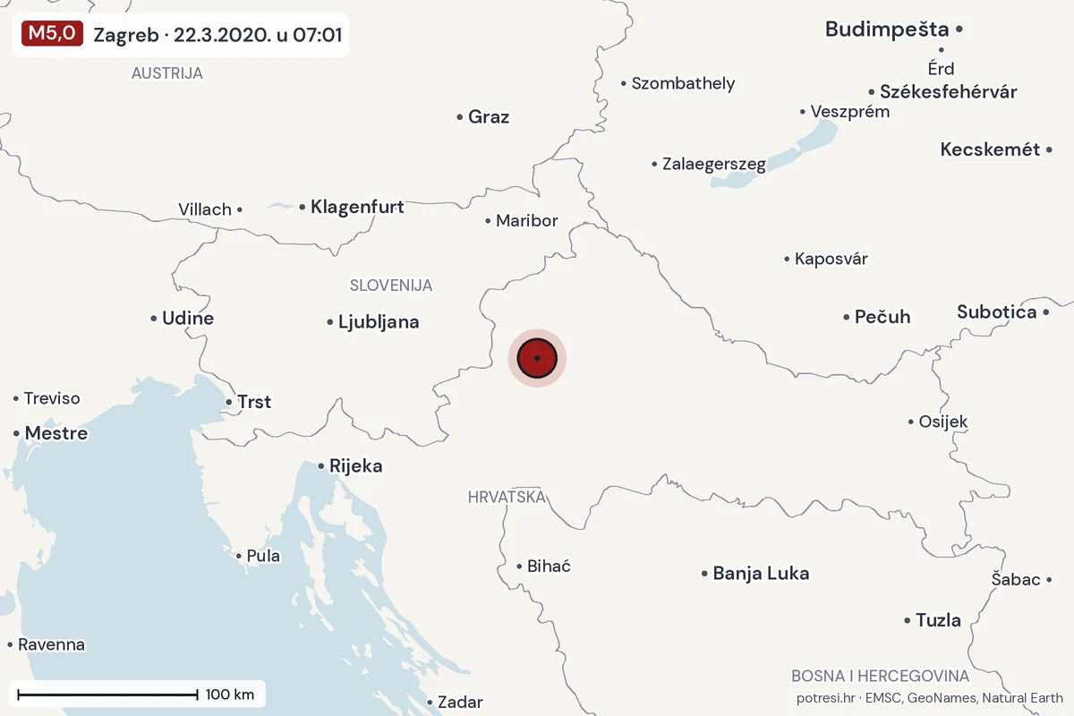 Karta: šire područje, 600 km, potres M5,0, Zagreb, 22.3.2020.