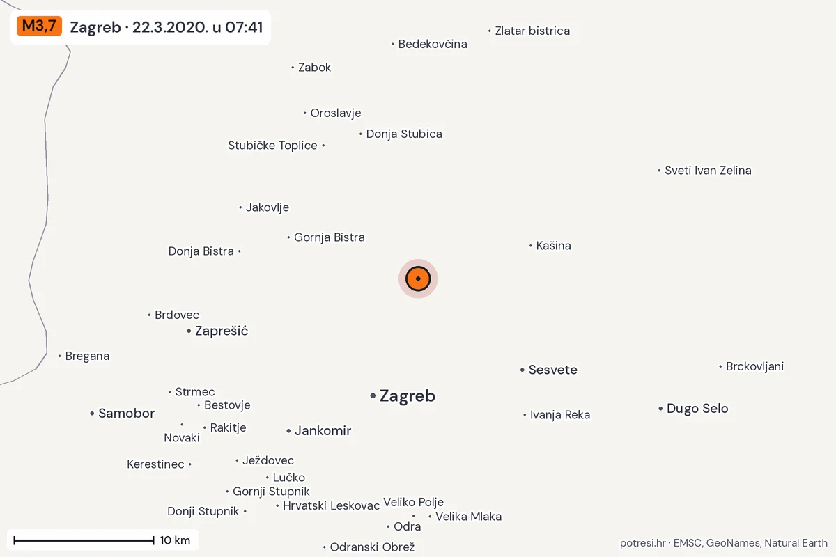 Karta: okolica epicentra, 60 km, potres M3,7, Zagreb, 22.3.2020.