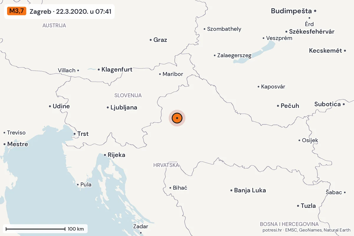 Karta: šire područje, 600 km, potres M3,7, Zagreb, 22.3.2020.