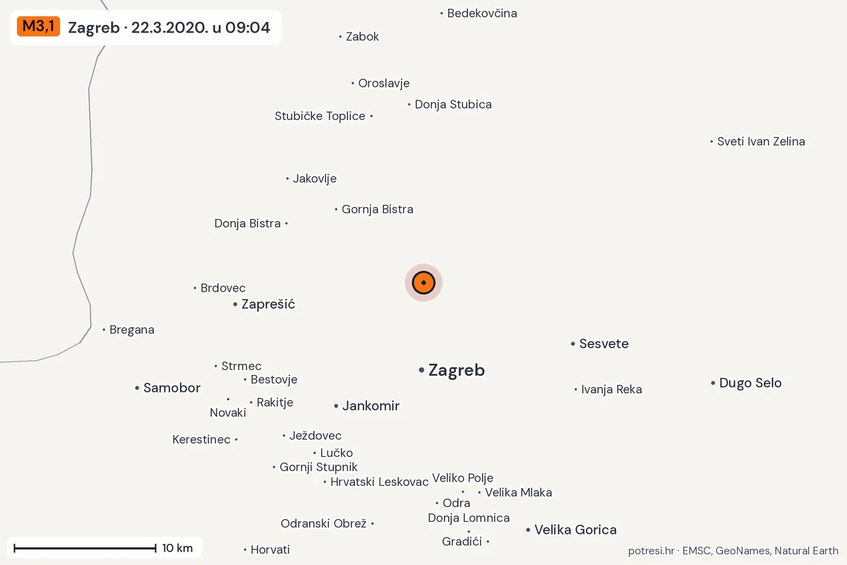Karta: okolica epicentra, 60 km, potres M3,1, Zagreb, 22.3.2020.