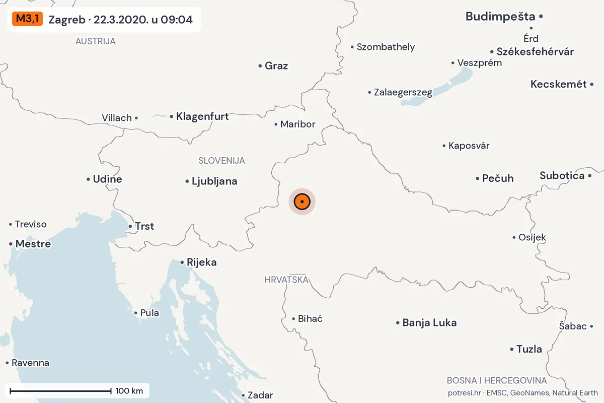 Karta: šire područje, 600 km, potres M3,1, Zagreb, 22.3.2020.
