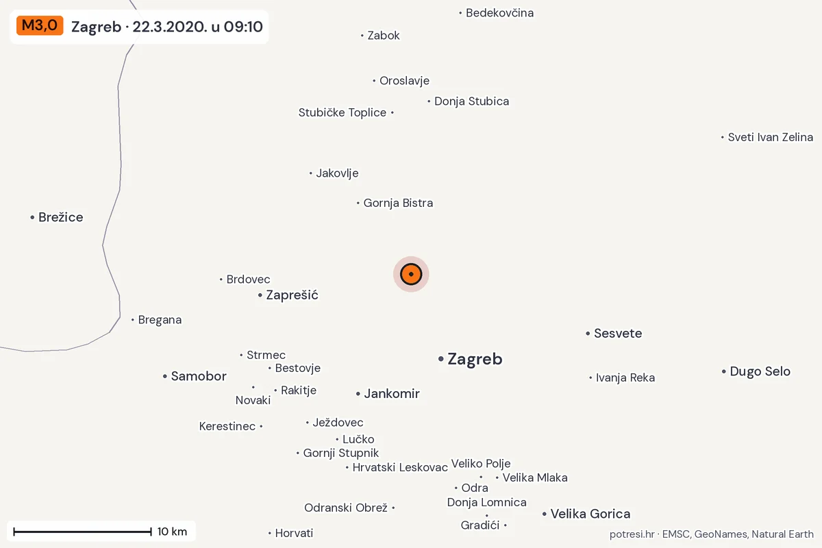 Karta: okolica epicentra, 60 km, potres M3,0, Zagreb, 22.3.2020.