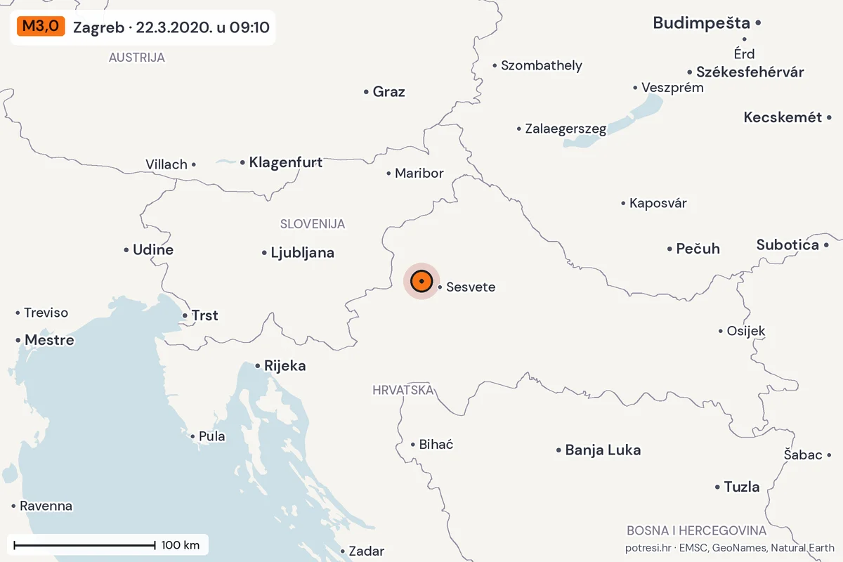 Karta: šire područje, 600 km, potres M3,0, Zagreb, 22.3.2020.