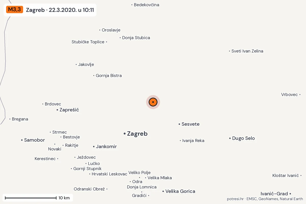 Karta: okolica epicentra, 60 km, potres M3,3, Zagreb, 22.3.2020.