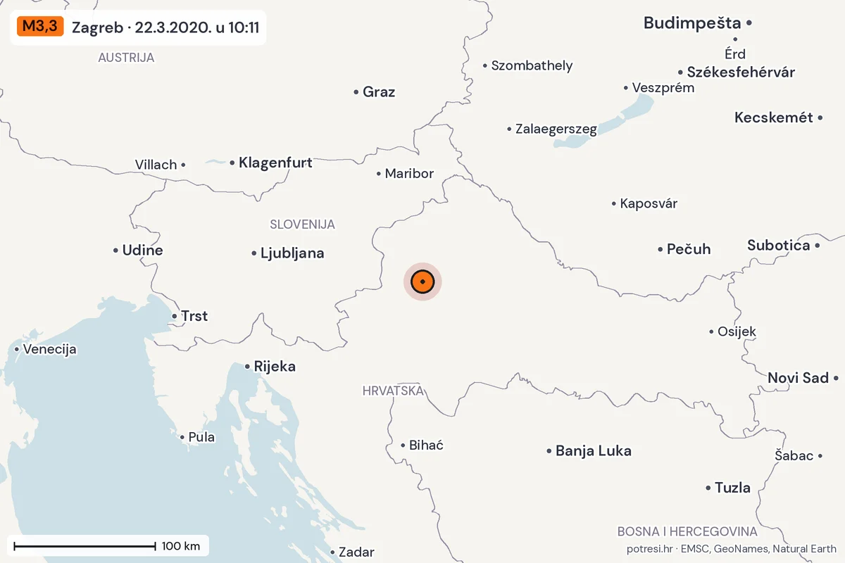Karta: šire područje, 600 km, potres M3,3, Zagreb, 22.3.2020.