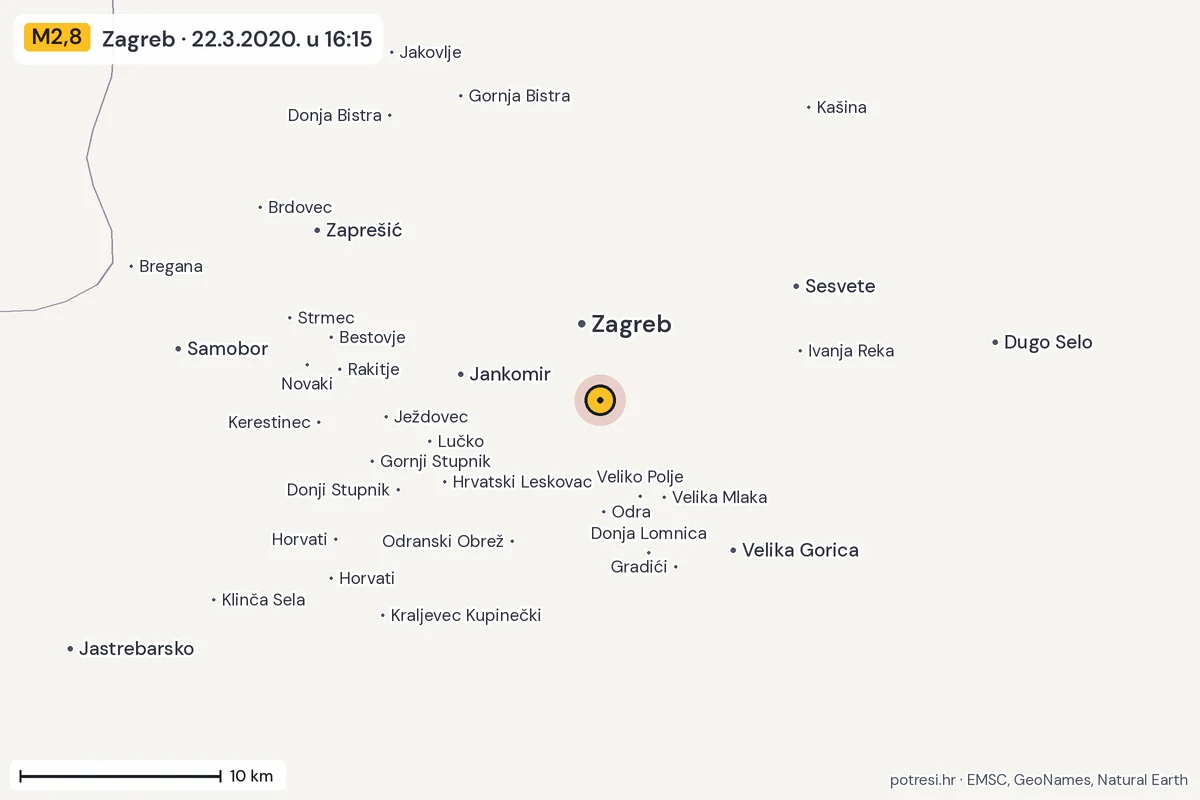 Karta: okolica epicentra, 60 km, potres M2,8, Zagreb, 22.3.2020.