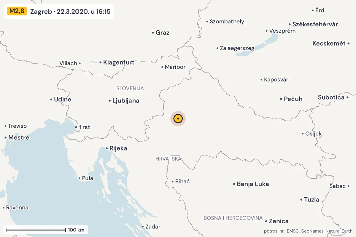 Karta: šire područje, 600 km, potres M2,8, Zagreb, 22.3.2020.