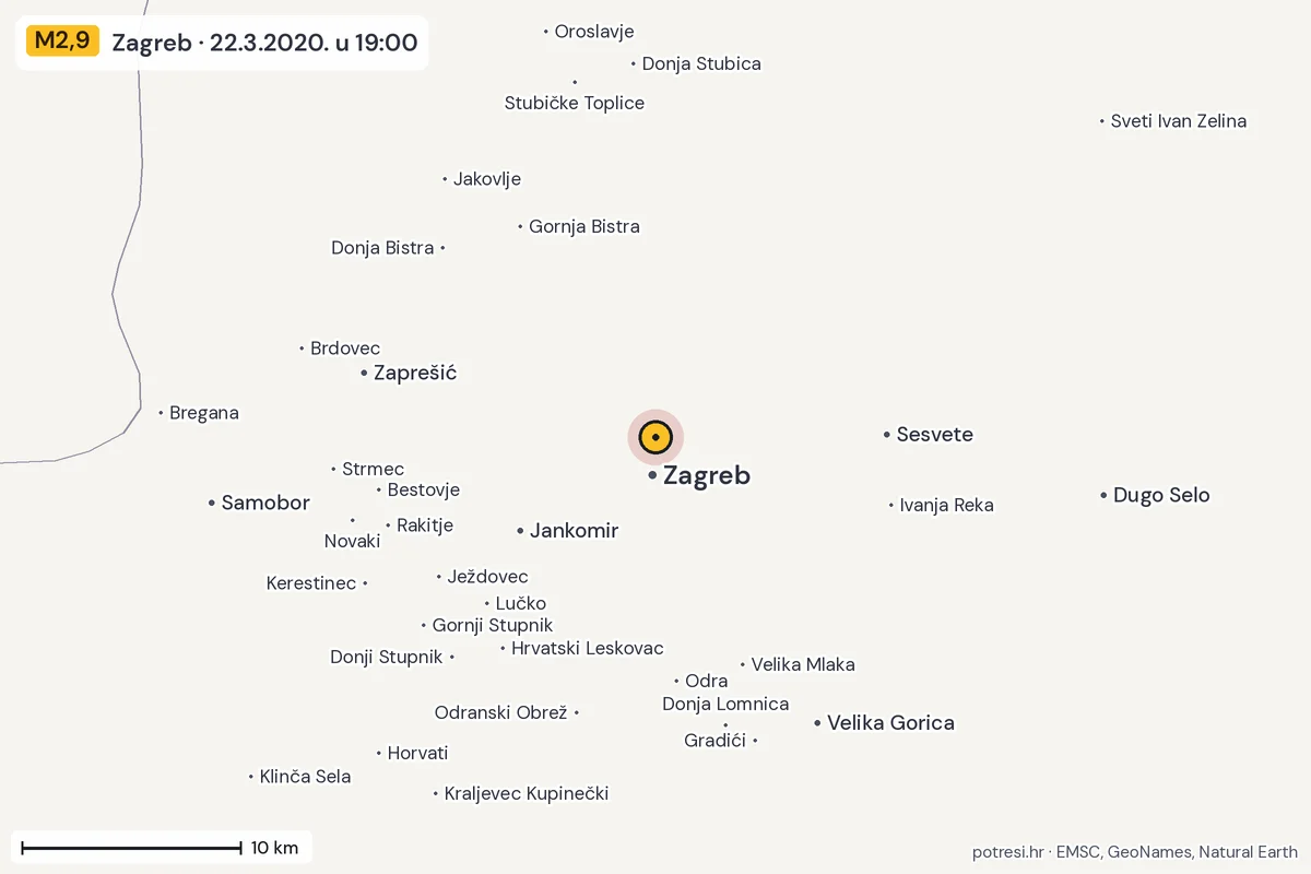 Karta: okolica epicentra, 60 km, potres M2,9, Zagreb, 22.3.2020.