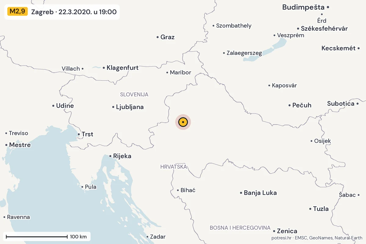 Karta: šire područje, 600 km, potres M2,9, Zagreb, 22.3.2020.